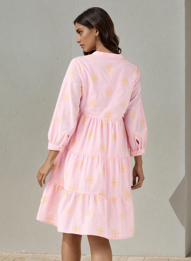 Splash FAV Embroidered Tiered Women Dress with Mandarin Collar Cotton - Image 3