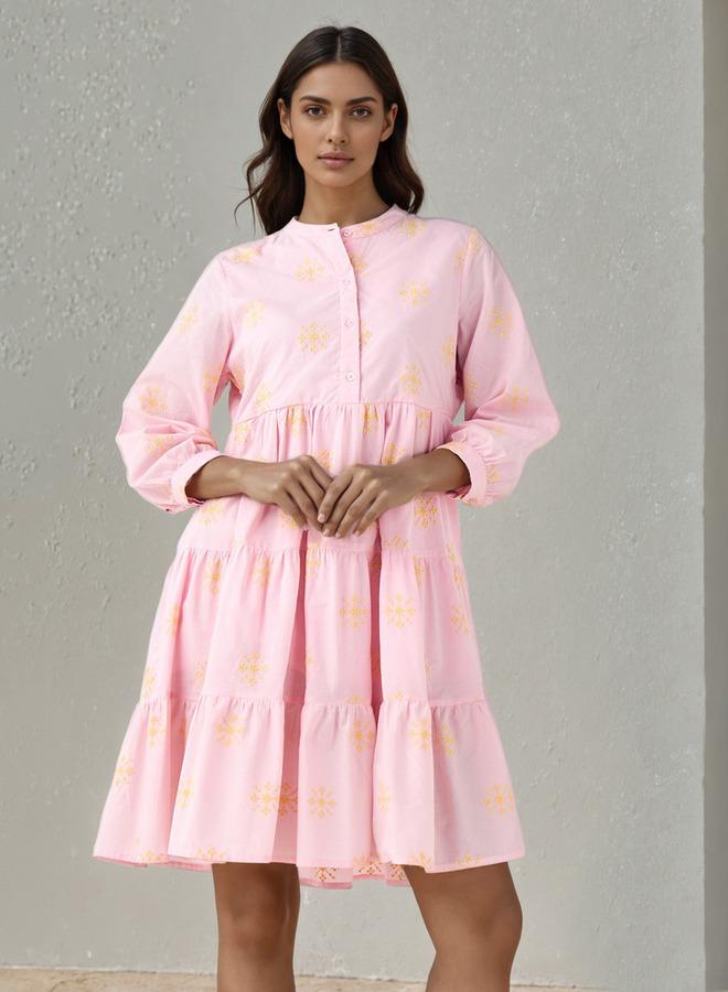 Splash FAV Embroidered Tiered Women Dress with Mandarin Collar Cotton - Image 1