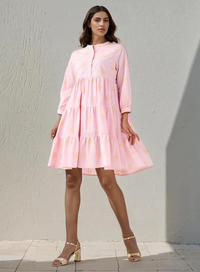 Splash FAV Embroidered Tiered Women Dress with Mandarin Collar Cotton