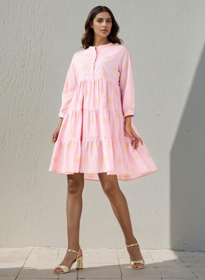 Splash FAV Embroidered Tiered Women Dress with Mandarin Collar Cotton - Image 2