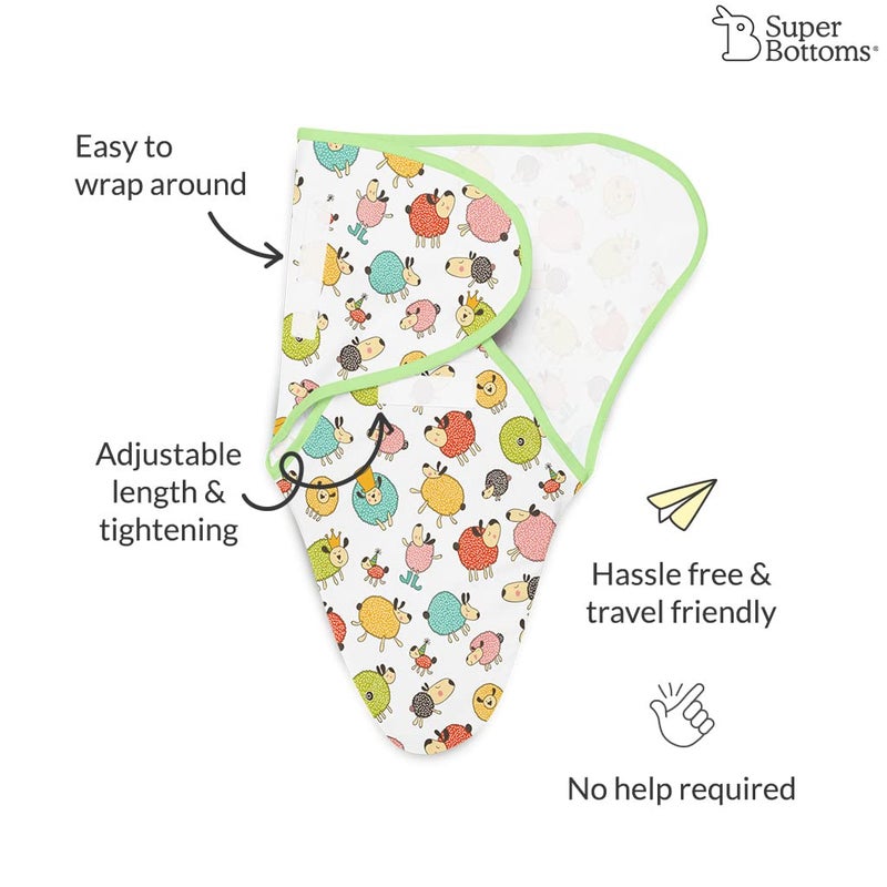 Superbottoms Dry Feel Swaddle Wrap for Newborn | SuperDryFeel Layer to Keep Baby Dry | Extra Soft | 100% Cotton | Easy to Wear, Travel-Friendly Wrapper | 0-3 Months, Baby Wrappers | Ba Ba Sheep - Image 3