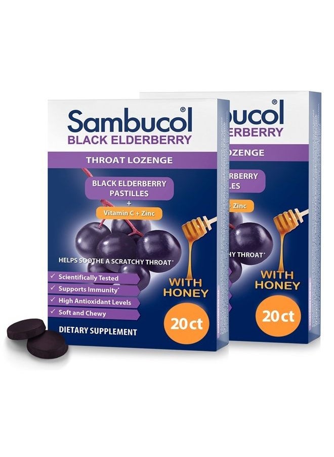 Sambucol Black Elderberry Throat Lozenge - with Honey, Vitamin C & Zinc, Elderberry Lozenges Sore Throat & Cough, Soothes Scratchy Throat, Soft & Chewy - 2 Pack (40 Total Pastilles)  - Image 1