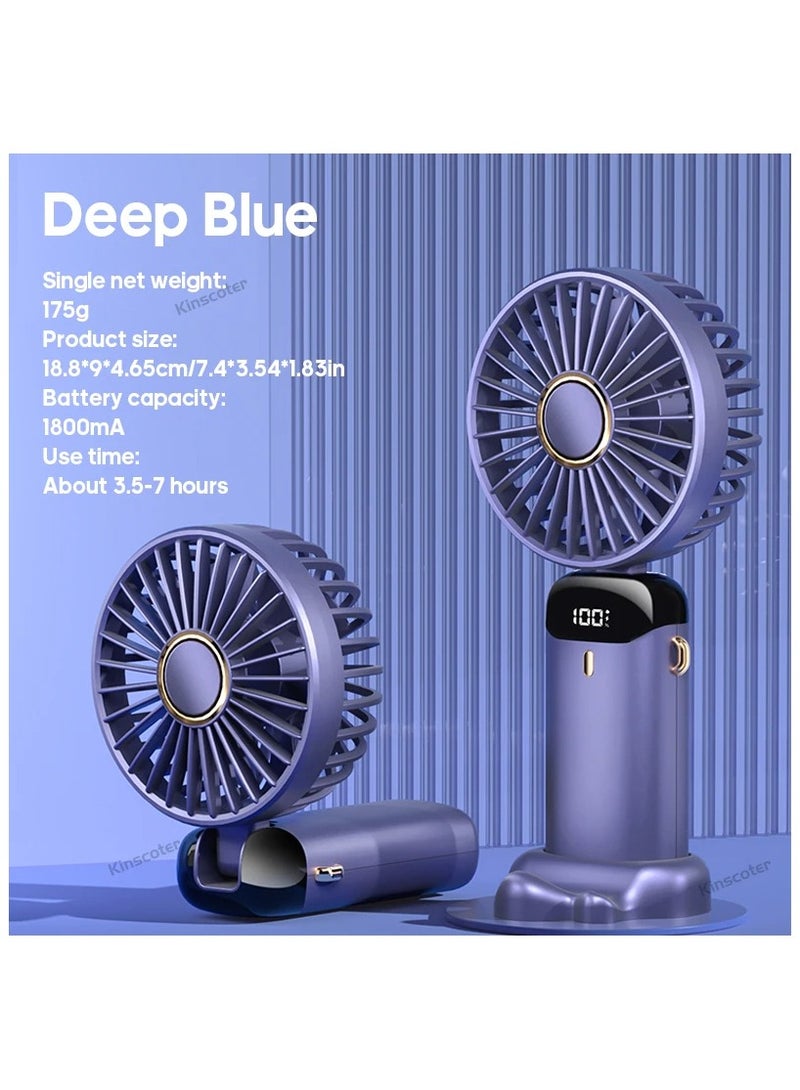 يان تي مروحة يدوية صغيرة قابلة للطي وشحن عبر USB - مروحة معلقة بالرقبة بـ5 سرعات مع حامل هاتف وشاشة عرض - أزرق غامق - Image 1