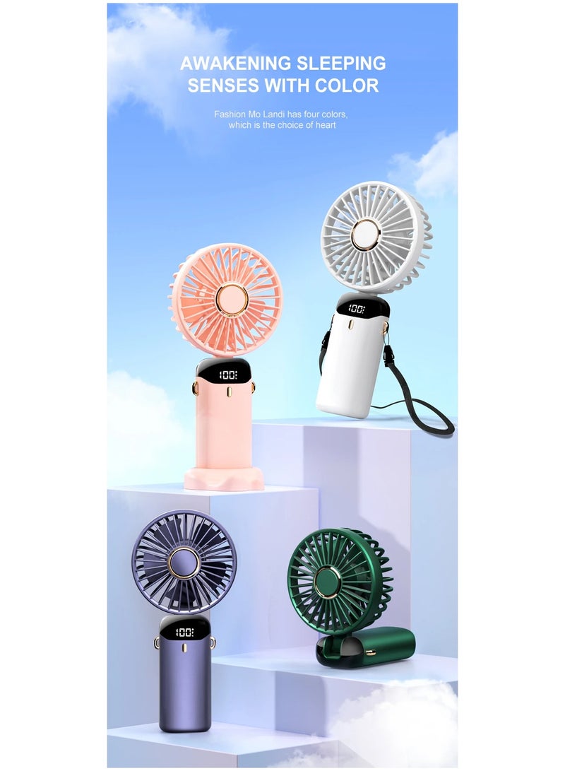 يان تي مروحة يدوية صغيرة قابلة للطي وشحن عبر USB - مروحة معلقة بالرقبة بـ5 سرعات مع حامل هاتف وشاشة عرض - أزرق غامق - Image 2