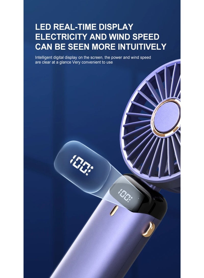 يان تي مروحة يدوية صغيرة قابلة للطي وشحن عبر USB - مروحة معلقة بالرقبة بـ5 سرعات مع حامل هاتف وشاشة عرض - أزرق غامق - Image 3