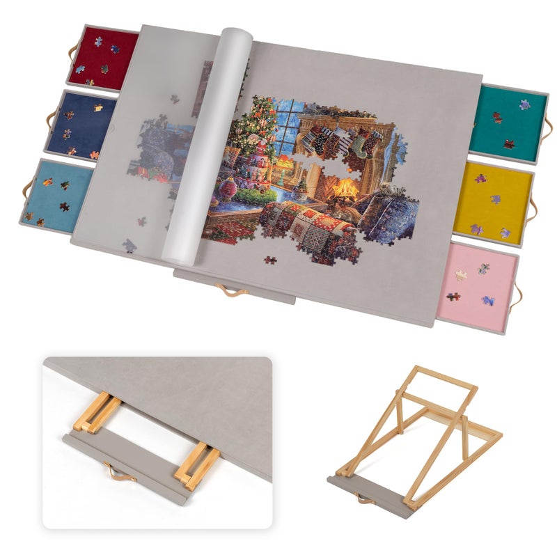 Lavievert Fully Flannel Covered Tilting Puzzle Board with 6 Drawers & Cover, Adjustable Plateau with Stand for Adults, Portable Puzzle Table with Non-Slip Tabletop for Up to 1500 Pieces - Gray - Image 1