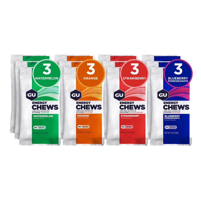 GU Energy Chews, Variety Pack Energy Gummies with Electrolytes, Vegan, Gluten-Free, Kosher, Caffeine/Caffeine-Free, and Dairy-Free On-The-Go Energy for Any Workout, 12 Bags (24 Servings Total) - Image 1