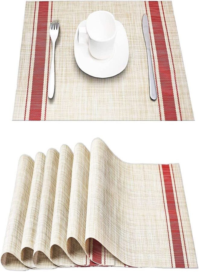 ECAPT Heat-Resistant Placemats Stain Resistant Anti-Skid Washable PVC Table Mats Woven Vinyl Placemats Washable Durable PVC Table Mats Woven Vinyl (RED LINE, 6) - Image 1