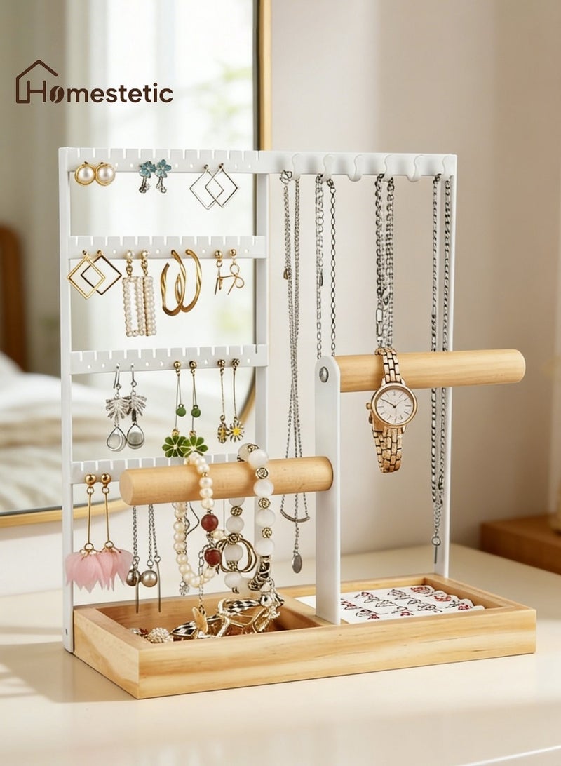 Homestetic Jewelry Organizer Stand Earring Holder Necklace Organizer, 5 Tier Jewellery Stands 48 Holes, Bracelet Stand & Watch Holder with Wooden Tray, Gift for Women Eid Wedding - Image 1