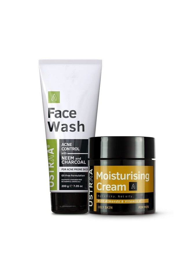 Ustraa - Face Wash Acne Control With Neem & Charcoal 200G Oil Control Prevents Acne & Moisturising Cream Oily Skin 100G Longlasting Moisturization & Hydration Quick Absorption - Image 1