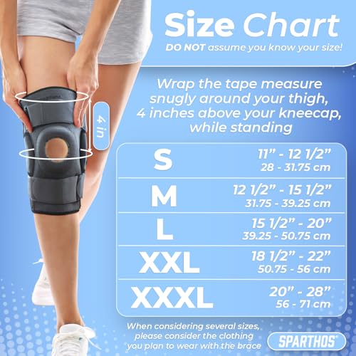 Sparthos Knee Brace - Heavy-Duty Hinged Support for ACL, MCL, Meniscus Tear, Arthritis, Tendonitis Pain - Open Patella - 4-Strap Adjustable, For Men & Women, Check Size Chart (Beige-L, 15½-20″ Thigh) - Image 5