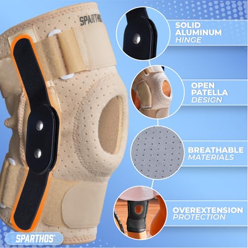 Sparthos Knee Brace - Heavy-Duty Hinged Support for ACL, MCL, Meniscus Tear, Arthritis, Tendonitis Pain - Open Patella - 4-Strap Adjustable, For Men & Women, Check Size Chart (Beige-L, 15½-20″ Thigh) - Image 4