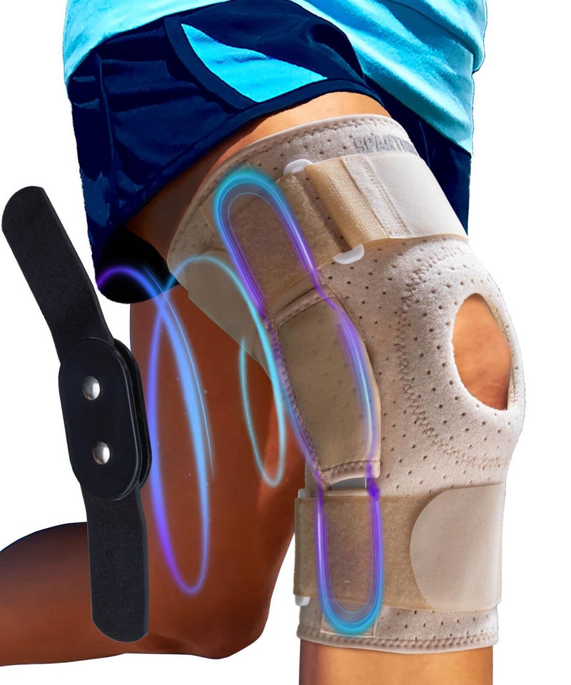 Sparthos Knee Brace - Heavy-Duty Hinged Support for ACL, MCL, Meniscus Tear, Arthritis, Tendonitis Pain - Open Patella - 4-Strap Adjustable, For Men & Women, Check Size Chart (Beige-L, 15½-20″ Thigh) - Image 1