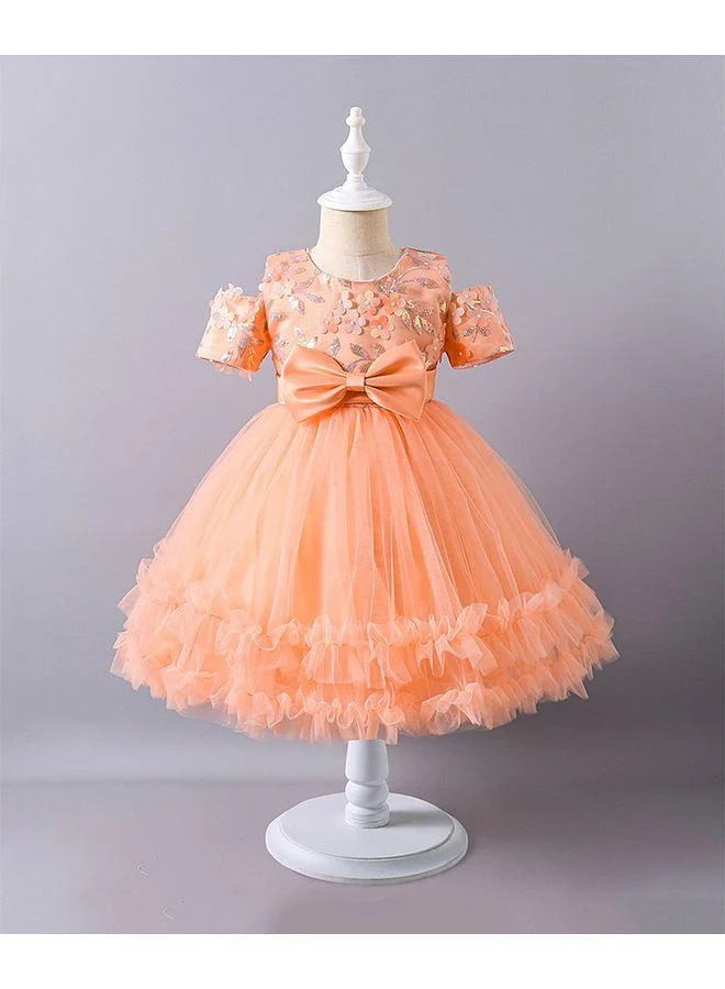 Mark & Mia Mark & Mia Bow Detailed & Floral Sequins Embellished Cold Shoulder Tulle Dress - Peach