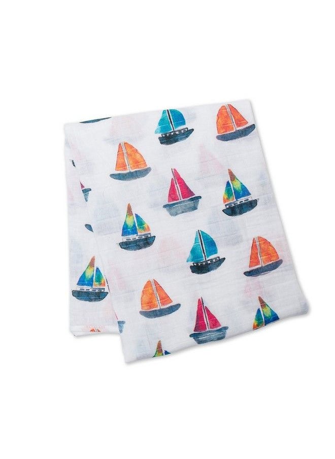 lulujo Baby 100% Cotton Muslin Swaddle Blanket 47 X 47 Inches Sailboat  - Image 4