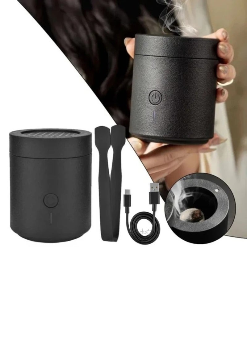Hount Portable Electronic Incense Burner Smart Bakhoor Oud Diffuser Electric Rechargeable Aroma Device with Tongs Black - Image 3