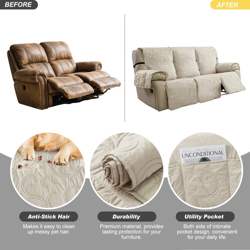 YUEANG 100% Waterproof Recliner Sofa Covers 3 Seater, 6-Piece Split Non-Slip Reclining Couch Covers for 3 Seat, Reclining Sofa Covers for Living Room, for Pets Kids Protector, Washable (Beige) - Image 5