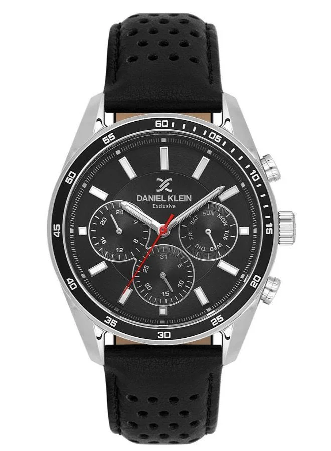 DANIEL KLEIN Men's Leather Silver Alloy Case Analog Black Round Sunray Dial Japanese Quartz Exclusive 50 Meters Water Resistant