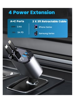 SYOSI 4-in-1 Car Charger with Dual Retractable Cable, Dual Port USB C PD Fast Charging Car Adapter Car Cigarette Lighter Adapter with Voltage Display Compatible with iPhone 14 13 Pro Max, iPad, Samsung  - Image 2