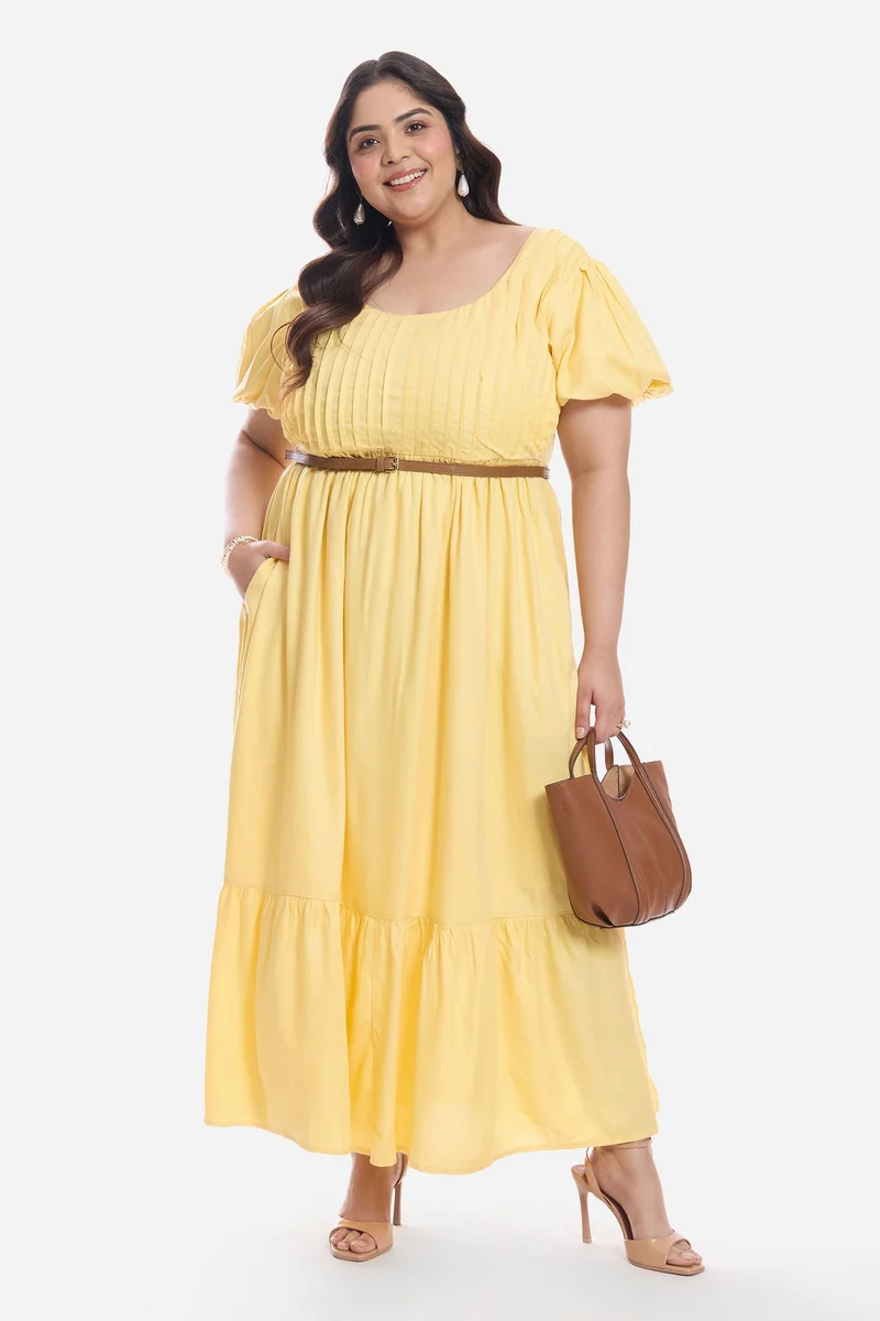 فيرجيو Solid Viscose Midi Plus Size Dress With Pleated Bodice for Women