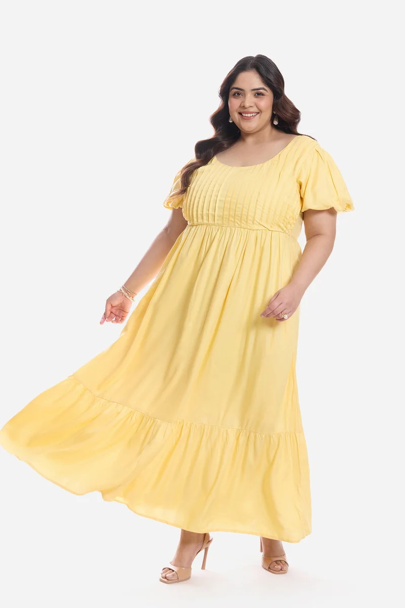 فيرجيو Solid Viscose Midi Plus Size Dress With Pleated Bodice for Women