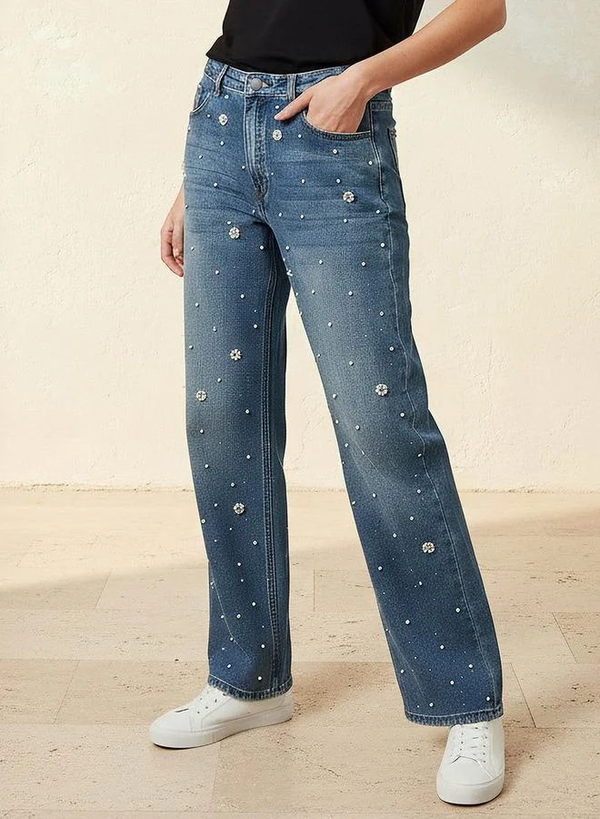 Straight Fit Mid Rise Jeans with Pearl Embellishments