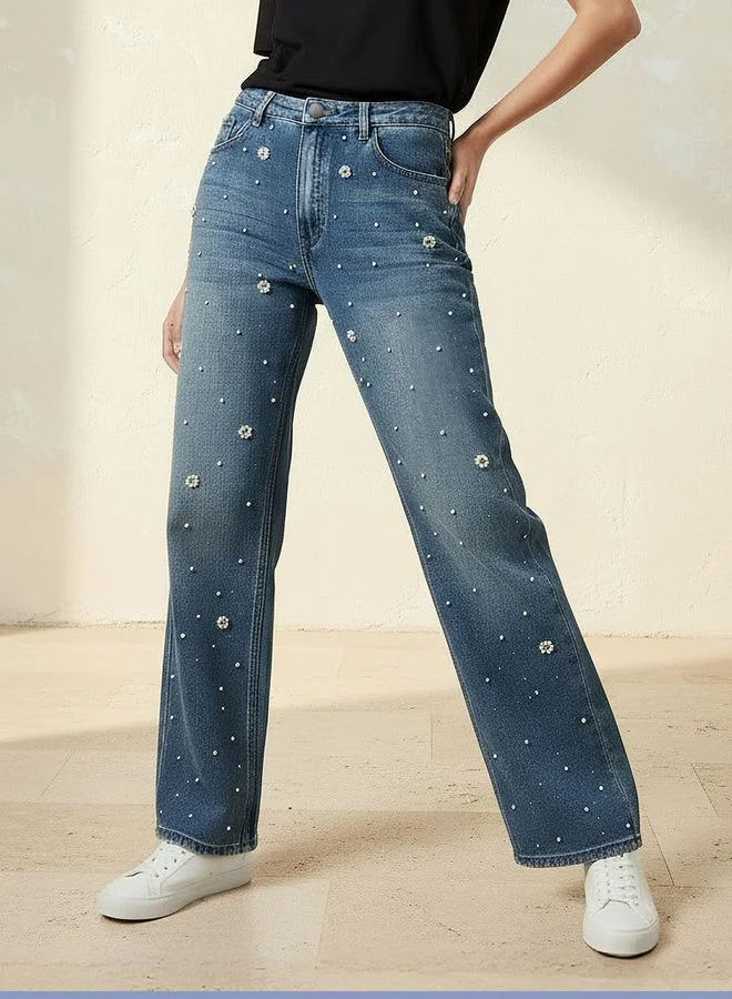 Splash FAV BLUE Straight Fit Mid Rise Jeans with Pearl Embellishments for Women | Best Price UAE