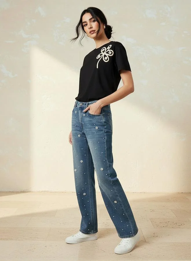 Splash FAV BLUE Straight Fit Mid Rise Jeans with Pearl Embellishments for Women | Best Price UAE