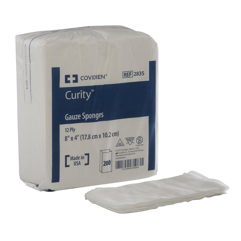 Covidien 2835 Curity Gauze Sponge, Non-Sterile, 12-ply, 4" x 8" Size, Pack of 200