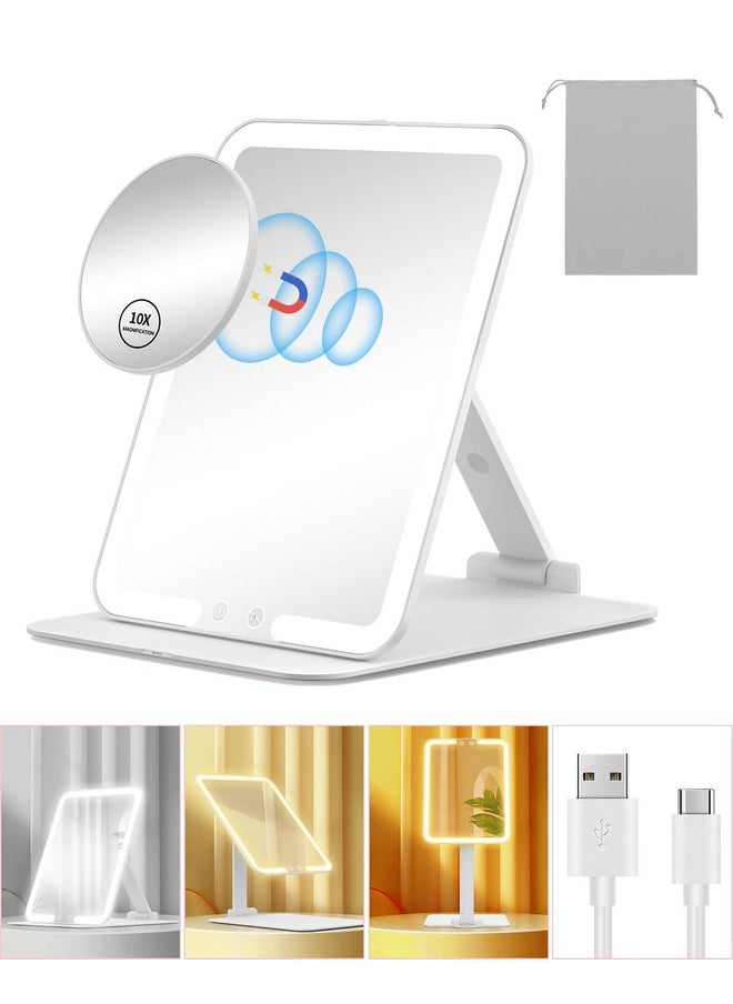 Gospire Gospire Travel Makeup Mirror with Lights and Magnification 10X, Portable Make Up Compact Tabletop Mirror with Adjustable Stand, 3 Colored Lights Rechargeable Lighted LED Vanity Mirror - White  - Image 1