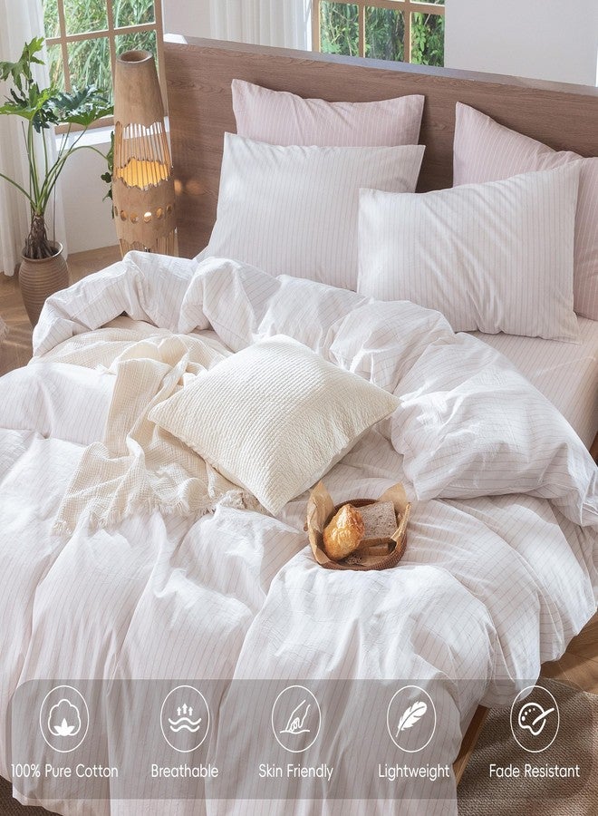 MooMee Striped Duvet Cover Set 100% Washed Cotton Linen Like Textured Breathable Durable Soft Comfy (White Heathered Greyish Pink Wide Stripes, Queen 90"x90") - Image 4
