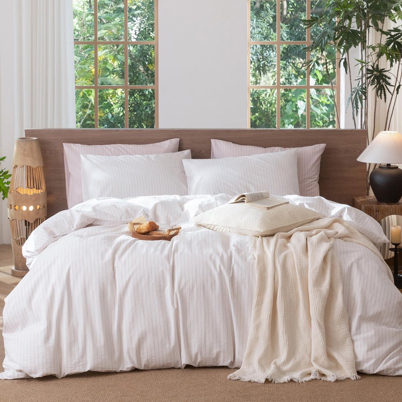 MooMee Striped Duvet Cover Set 100% Washed Cotton Linen Like Textured Breathable Durable Soft Comfy (White Heathered Greyish Pink Wide Stripes, Queen 90"x90") - Image 1
