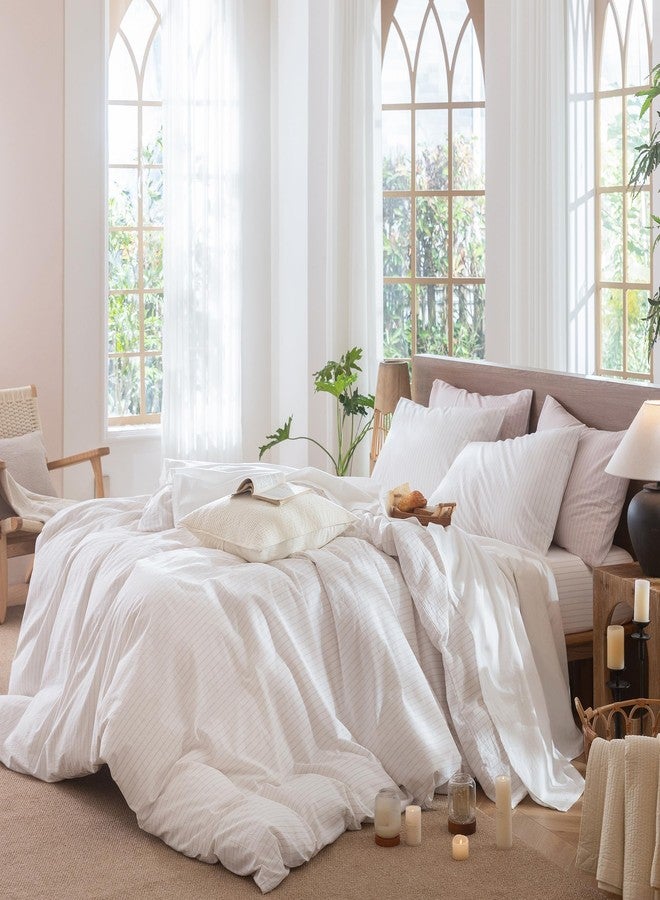 MooMee Striped Duvet Cover Set 100% Washed Cotton Linen Like Textured Breathable Durable Soft Comfy (White Heathered Greyish Pink Wide Stripes, Queen 90"x90") - Image 3