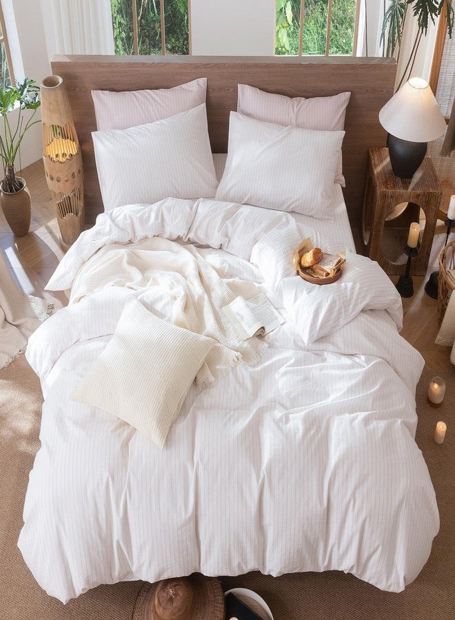 MooMee Striped Duvet Cover Set 100% Washed Cotton Linen Like Textured Breathable Durable Soft Comfy (White Heathered Greyish Pink Wide Stripes, Queen 90"x90") - Image 5