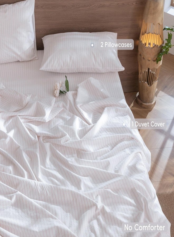 MooMee Striped Duvet Cover Set 100% Washed Cotton Linen Like Textured Breathable Durable Soft Comfy (White Heathered Greyish Pink Wide Stripes, Queen 90"x90") - Image 2