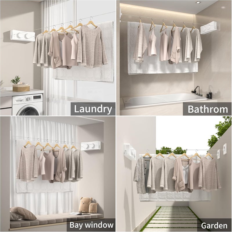 JOOM Retractable Clothesline Heavy Duty Clothes Drying Laundry Line Wall Mounted Easy Hanging Clothes Drying Laundry Line Retracting Hanging Lock to Prevent Sagging (Two line,White) - Image 5