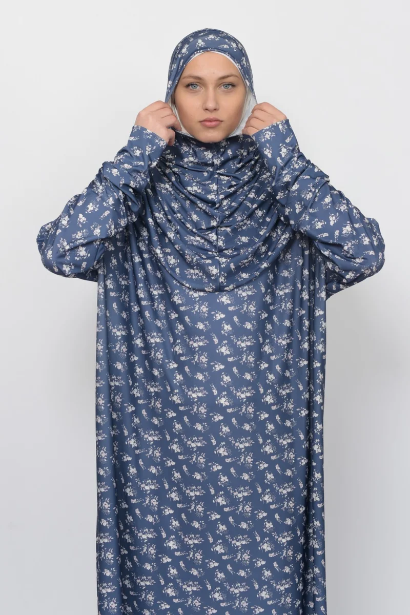 Altobeh Practical One Piece Floral Patterned Sleeves Removable Hijab Lycra Hijab Prayer Dress 990-0213
