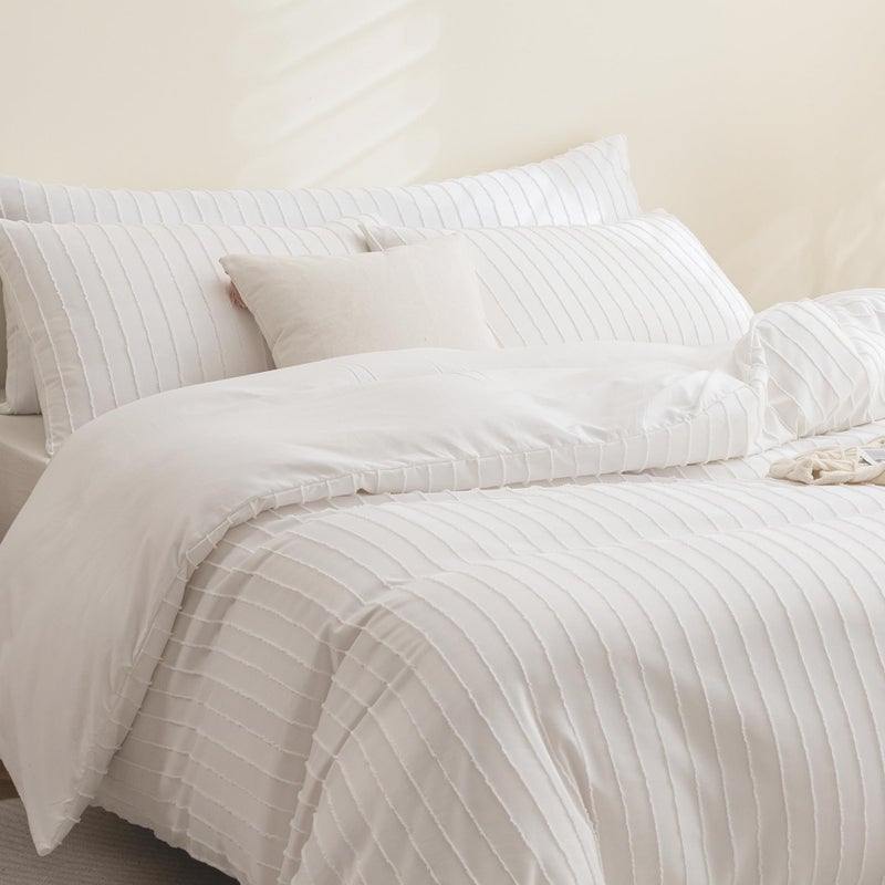 JELLYMONI Duvet Cover King Size White - 3PCS Boho Striped Duvet Cover Set Polyester Tufted Bohemian Textured Comforter Cover 104×90in with Corner Ties & Zipper and 2 Pillowcases - Image 3