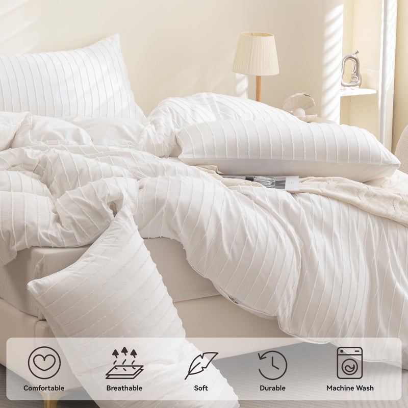 JELLYMONI Duvet Cover King Size White - 3PCS Boho Striped Duvet Cover Set Polyester Tufted Bohemian Textured Comforter Cover 104×90in with Corner Ties & Zipper and 2 Pillowcases - Image 4