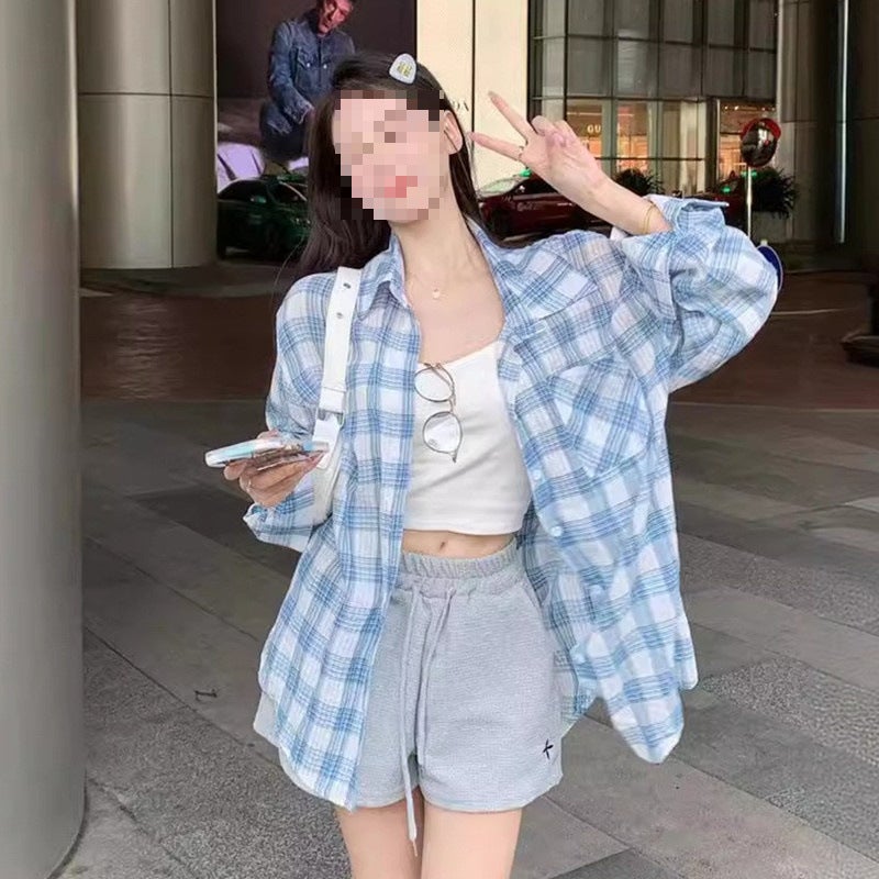 Spring Summer Autumn Mid-length Casual Sun-protection Shirt Womens New Artist Style Single-breasted Blue Niche Shirt for Students Picture color 