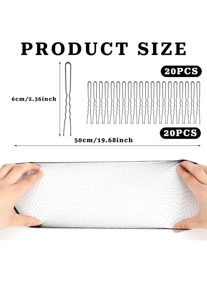 Hair Nets for Buns, 20Pcs Hair Bun Nets Black with 20Pcs U Shaped Hair Pins for Buns, Hair Bun Net Set Elastic Edge Mesh Invisible Ballet Hair Net for Girls Women - Image 2