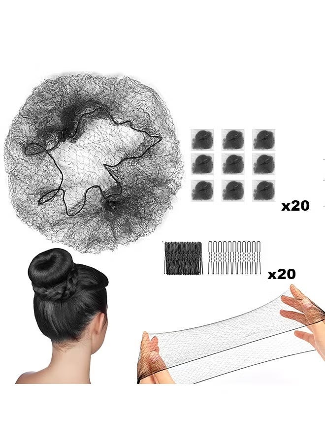 Hair Nets for Buns, 20Pcs Hair Bun Nets Black with 20Pcs U Shaped Hair Pins for Buns, Hair Bun Net Set Elastic Edge Mesh Invisible Ballet Hair Net for Girls Women - Image 1