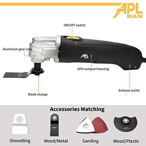 APLMAN Multi Purpose Oscillating Tool, 1.6-Amp Oscillating Multi Tool with 3.2°Oscillation Angle, Single Speed and 8 Pcs Accessories，Carrying Box - Image 2