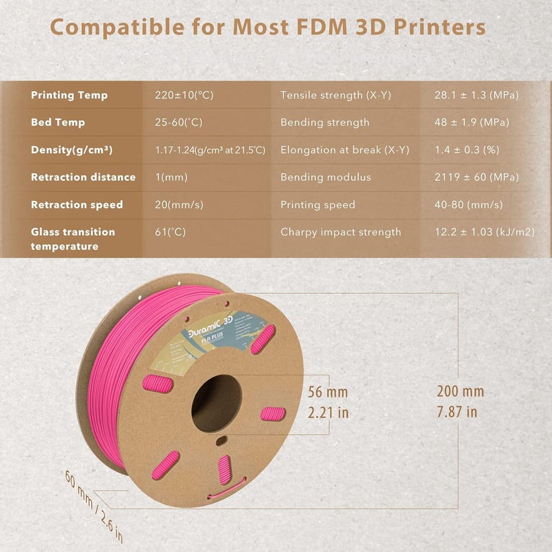 DURAMIC 3D PLA+ Filament 1.75mm 1Kg Magenta, PLA Plus Filament 1Kg Spool(2.2lbs) Tougher and Stronger, Dimensional Accuracy Probability +/- 0.02mm - Image 3