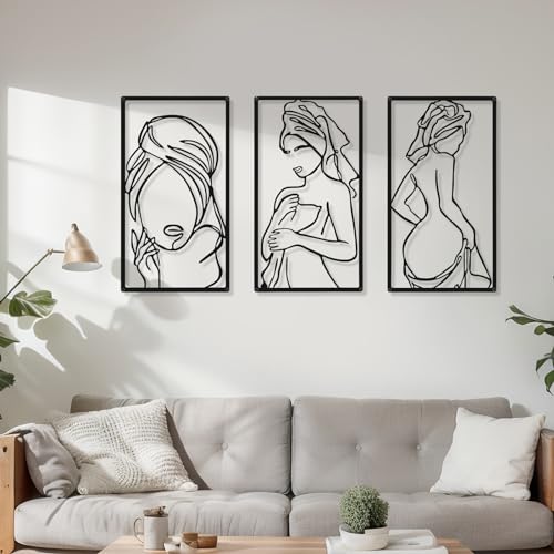 CHENGU 3 Pieces Metal Minimalist Abstract Woman Wall Art Line Drawing Wall Art Decor Single Line Female Home Hanging for Kitchen Bathroom Living Room - Image 3