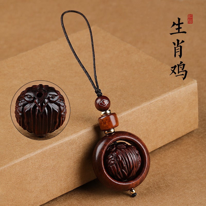 Wooden Car Keychain Pendant With Twelve Zodiac Signs, Tiger Bead, Phone Lanyard Chain For Men And Women, Couple'S Birth Year Keychain - Image 1