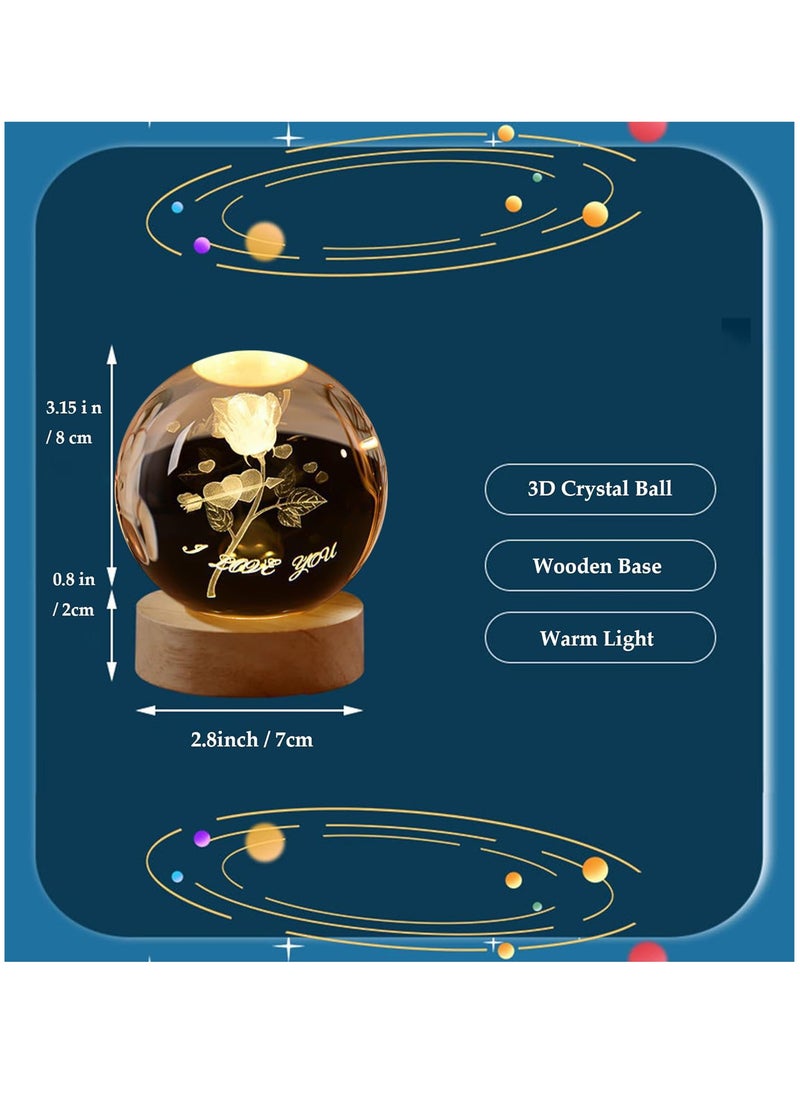NNEWVANTE 3D Rose Crystal Ball Kids Night Light Glass Ball Night Light with Wooden Base Fantasy Decoration Crystal Ball Gift LED Galaxy Planet Night Light Birthday Gift（rose flower）  - Image 2