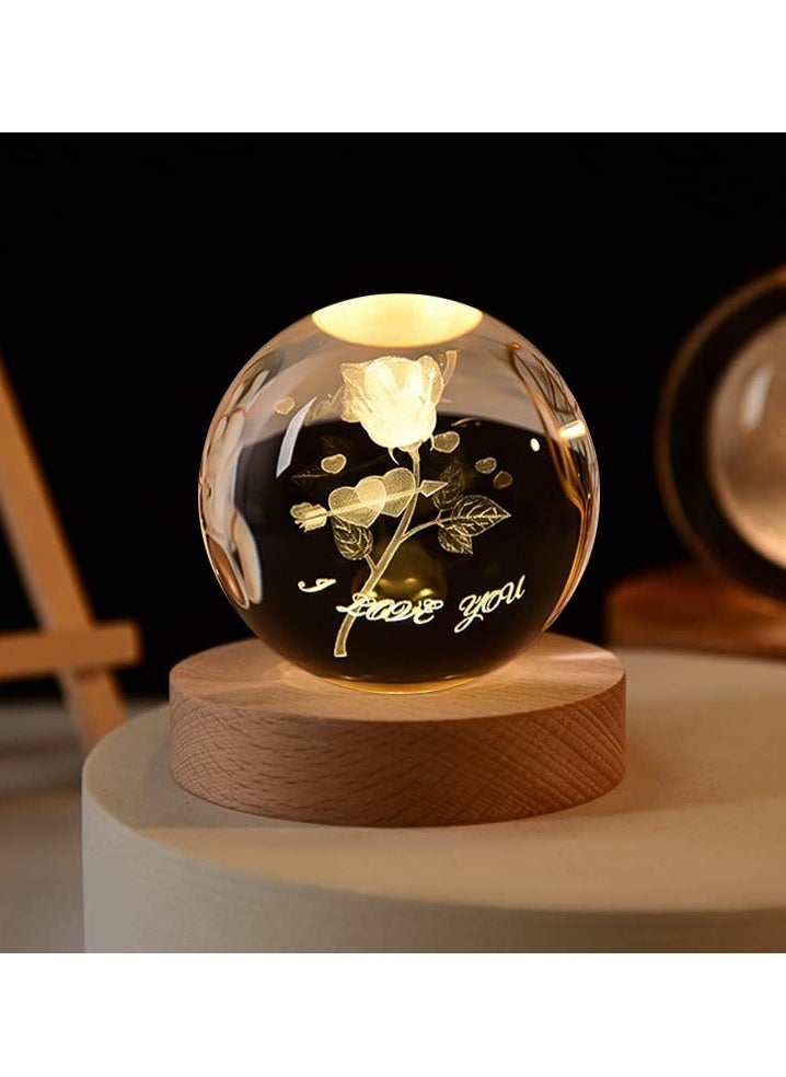 NNEWVANTE 3D Rose Crystal Ball Kids Night Light Glass Ball Night Light with Wooden Base Fantasy Decoration Crystal Ball Gift LED Galaxy Planet Night Light Birthday Gift（rose flower）  - Image 1