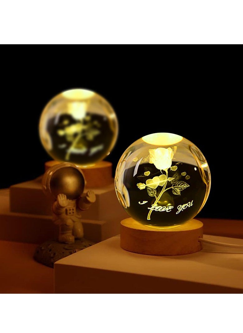 NNEWVANTE 3D Rose Crystal Ball Kids Night Light Glass Ball Night Light with Wooden Base Fantasy Decoration Crystal Ball Gift LED Galaxy Planet Night Light Birthday Gift（rose flower）  - Image 4