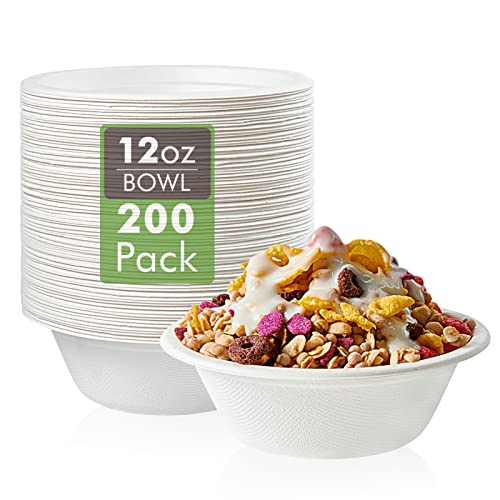 Vplus 200 Pack 12 OZ Paper Bowls, Disposable Compostable Bowls Bulk, Eco-friendly Bagasse Bowls, Heavy-duty Bowls Perfect for Milk Cereals, Snacks, Salads - Image 1